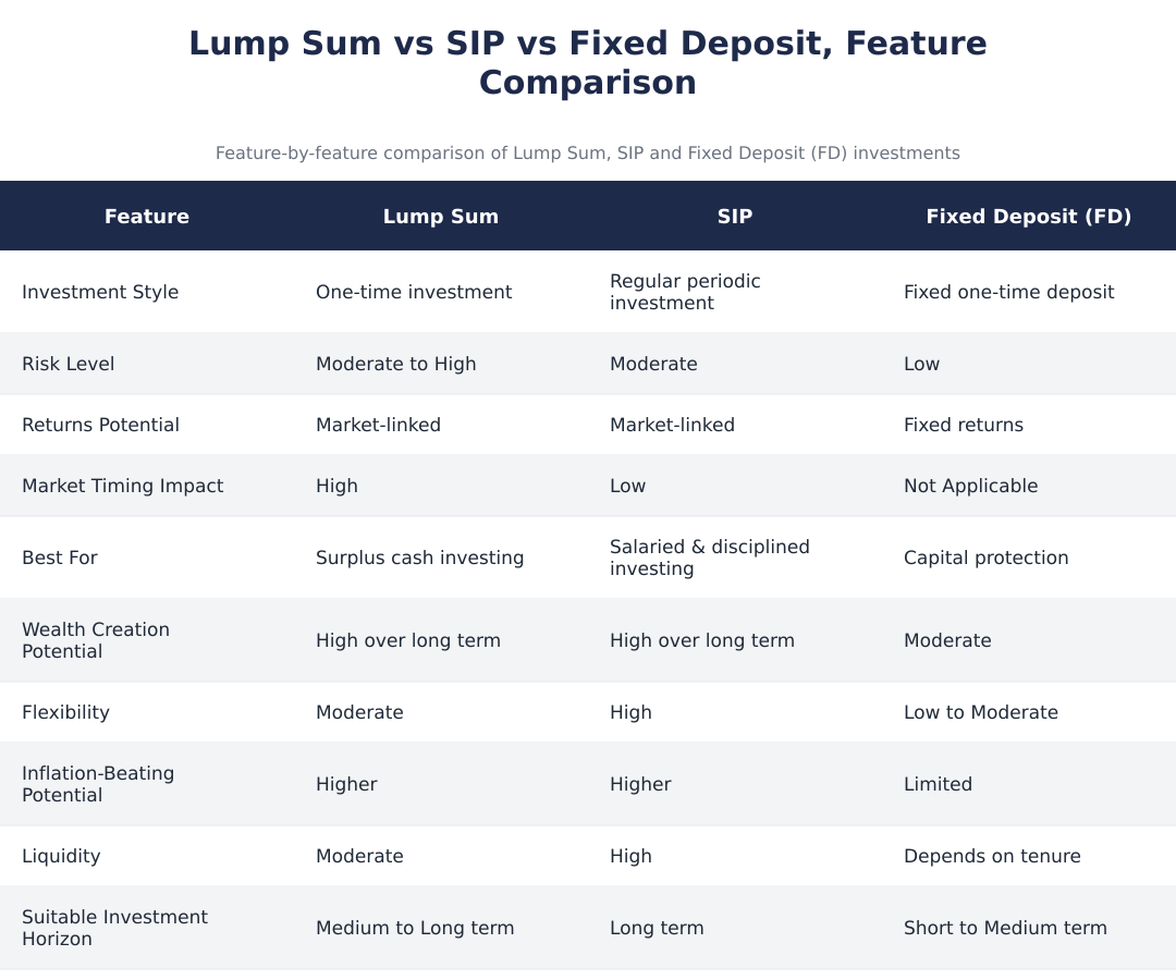 Lump Sum vs SIP vs Fixed Deposit, Feature Comparison