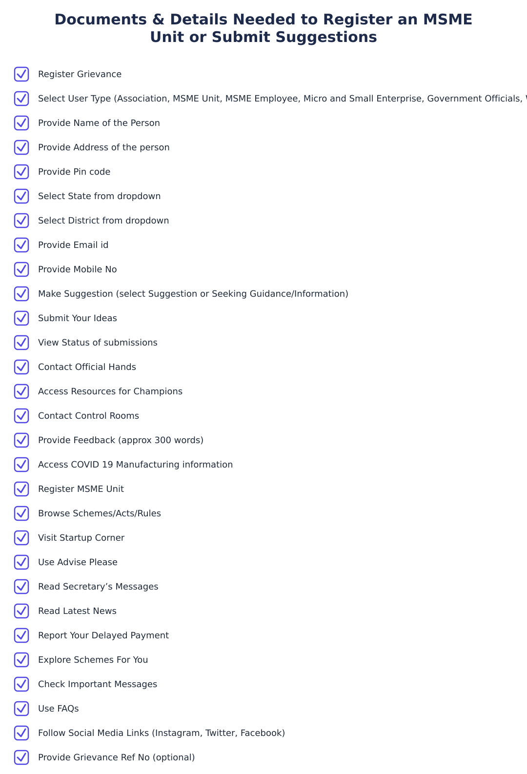 Documents & Details Needed to Register an MSME Unit or Submit Suggestions