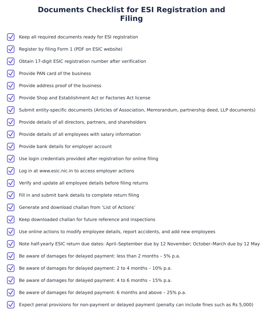 Documents Checklist for ESI Registration and Filing