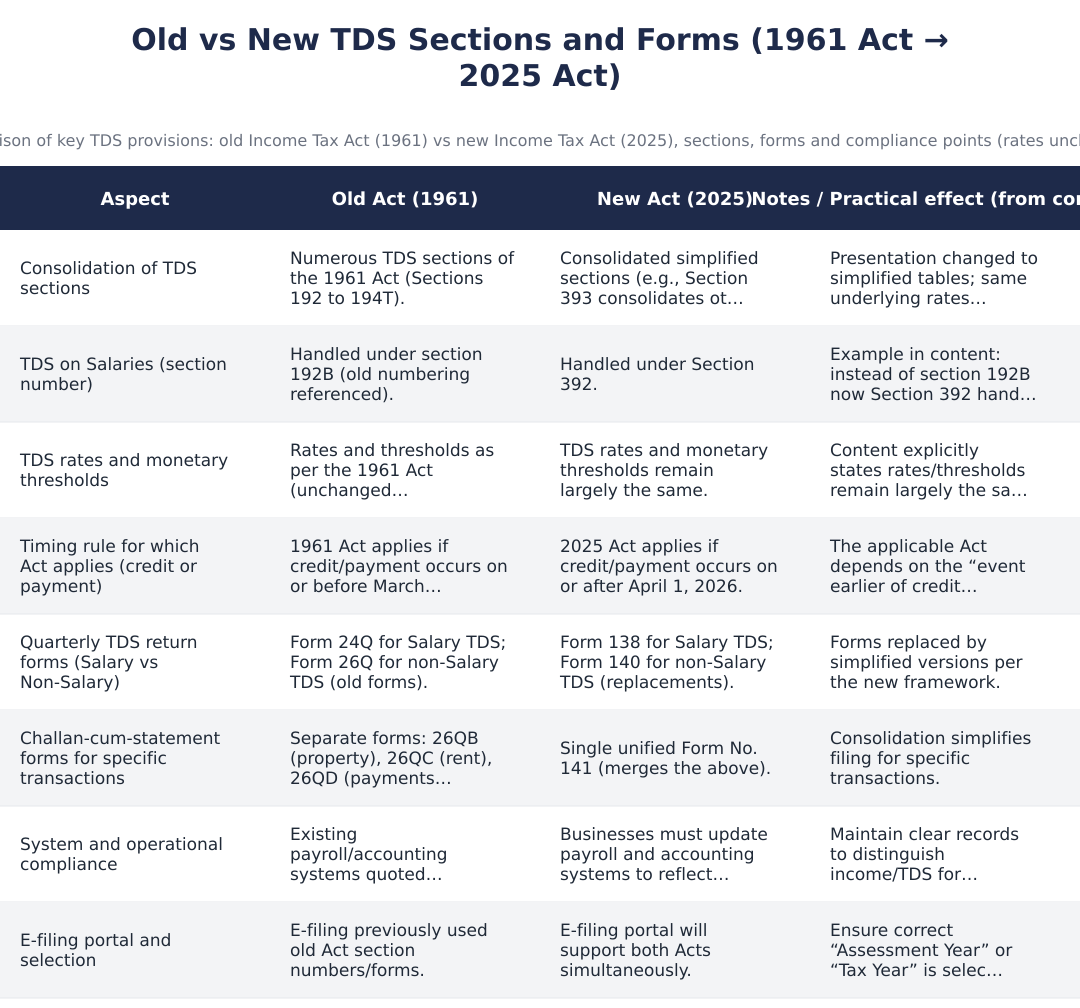 Old vs New TDS Sections and Forms (1961 Act → 2025 Act)