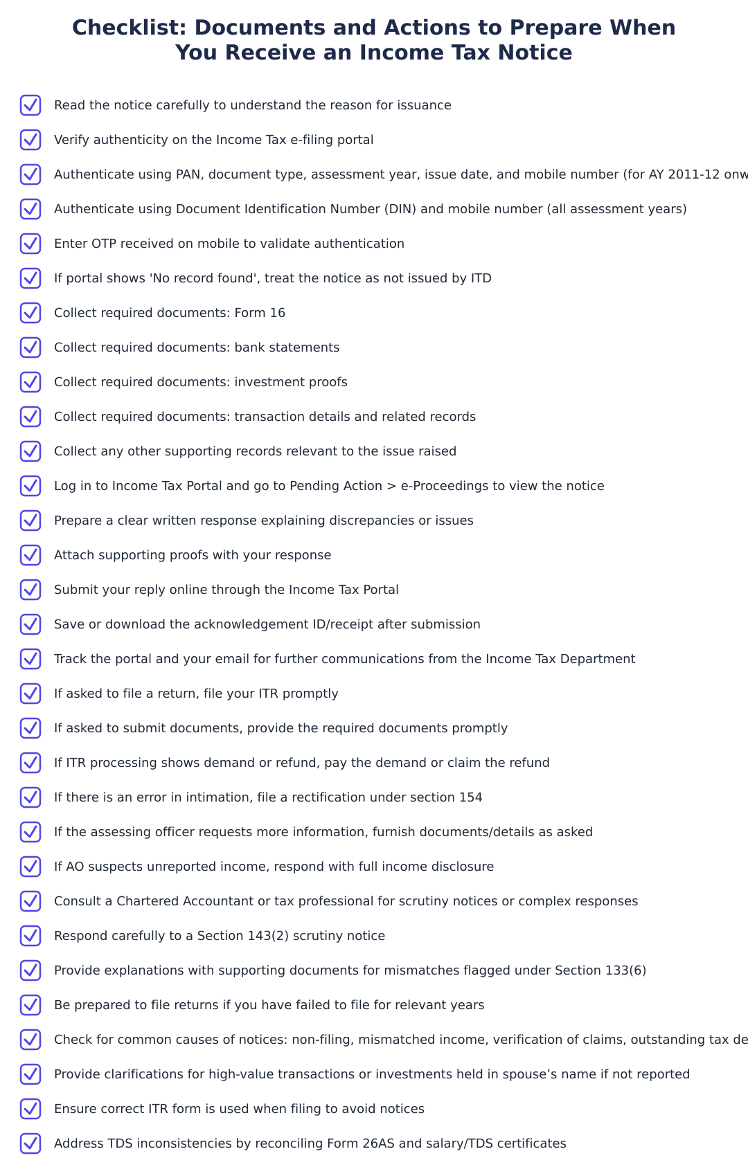 Checklist: Documents and Actions to Prepare When You Receive an Income Tax Notice